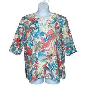 Alfred Dunner Womens Tropical Floral Cotton Top Size Large 18 Lace Trim Coastal